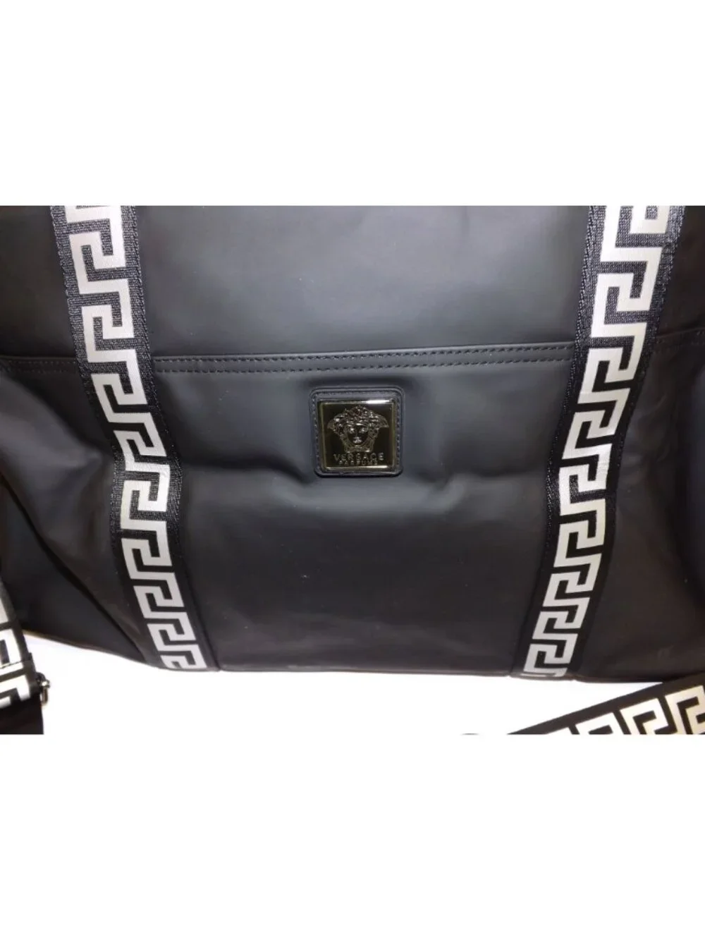 VERSACE black Overnight Duffle Bag With Strap Greek Key Pattern Weekender Bag